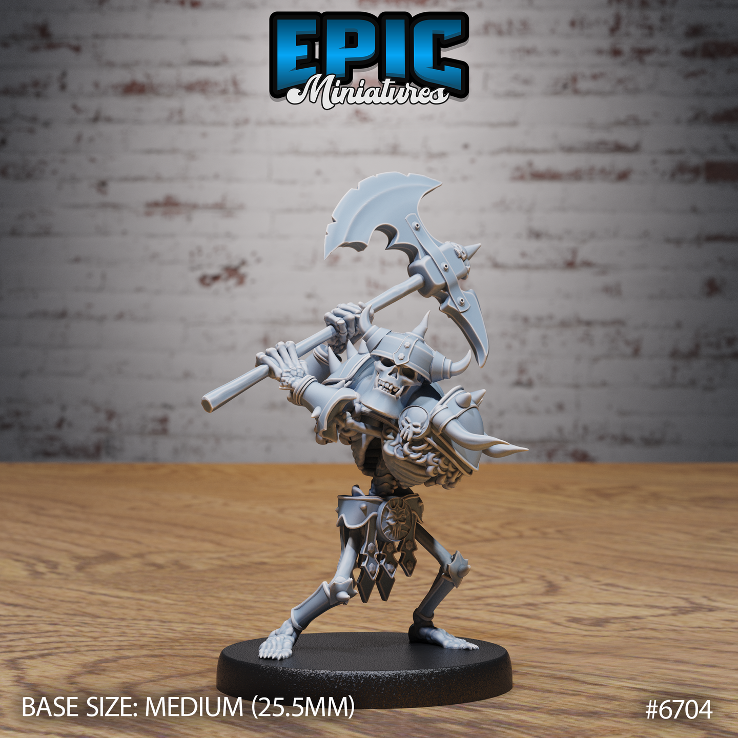 Front view of an unpainted grey resin 32mm skeleton warrior miniature by Epic Miniatures, posed mid-swing with a large serrated greataxe hauled over the right shoulder. The skeleton wears heavy spiked pauldrons, an ornate skull-motif breastplate, and a horned helm, with bare bone legs and skeletal hands gripping the axe haft. Mounted on a medium 25.5mm round black base.