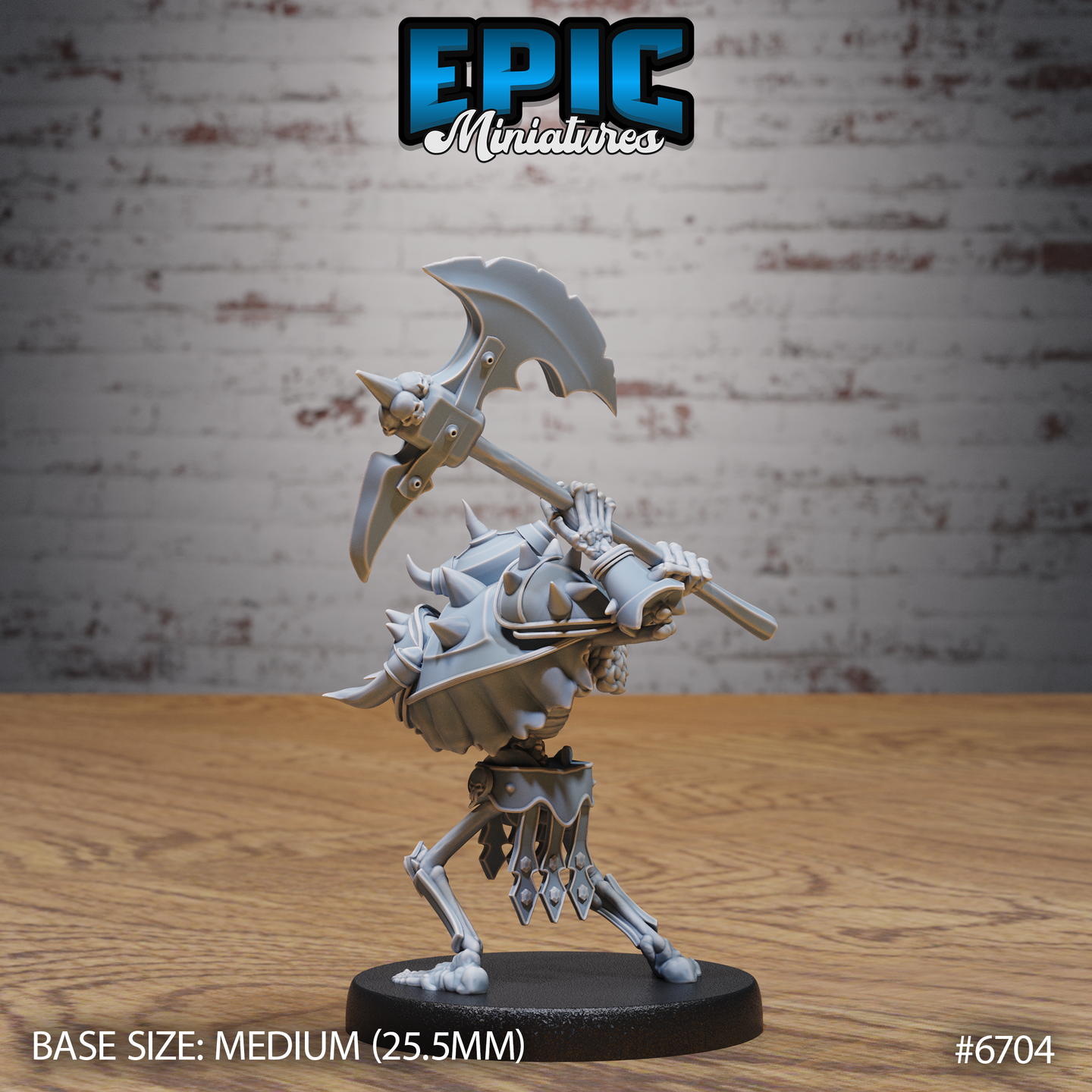 Rear three-quarter view of the same unpainted grey resin skeleton warrior miniature by Epic Miniatures, showing the spiked back of the armoured breastplate, the extended axe handle gripped in both skeletal hands, and skull decorations on the axe head. The wide fighting stance and bony legs are clearly visible, highlighting the contrast between armour and exposed skeleton.