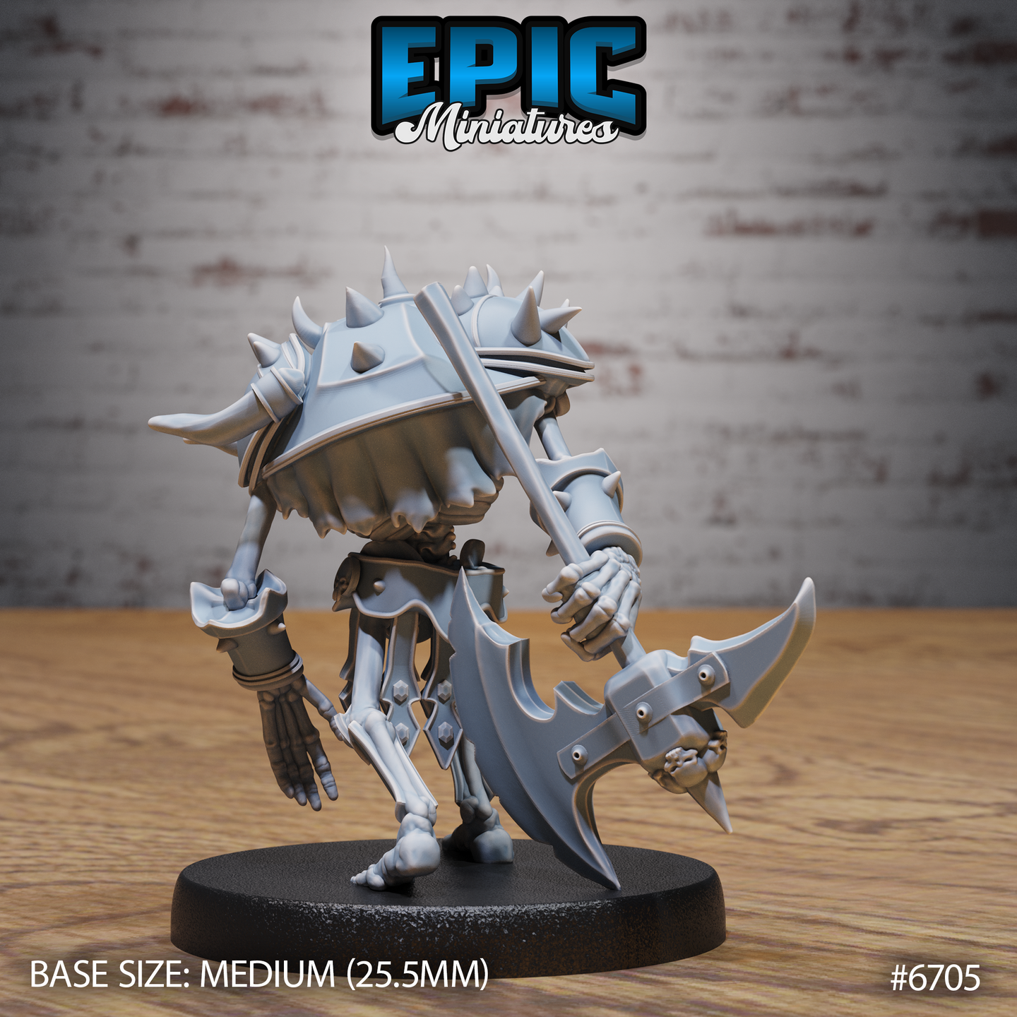 Unpainted grey resin skeleton warrior miniature at 32mm scale with a large spiked helm and heavy plate armour, holding a broad battle-axe low in a two-handed grip in a braced combat stance — printed by Mitz and Simz