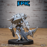 Unpainted grey resin skeleton warrior miniature at 32mm scale with a large spiked helm and heavy plate armour, holding a broad battle-axe low in a two-handed grip in a braced combat stance — printed by Mitz and Simz