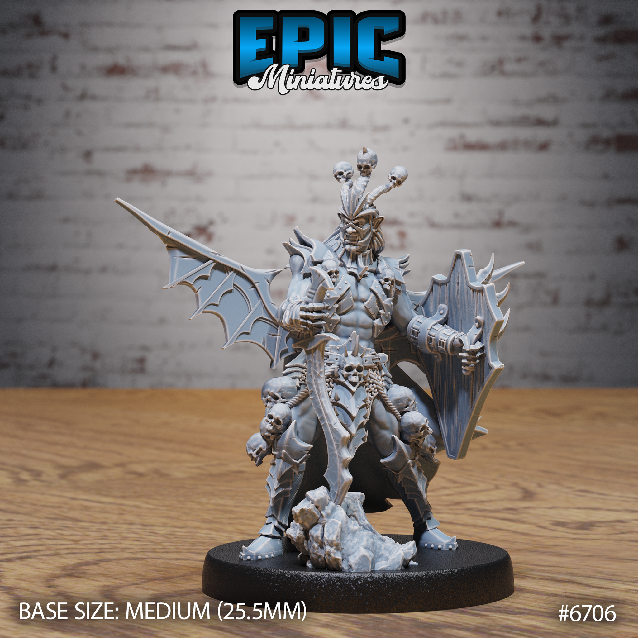Front view of an unpainted grey resin Necro Orc miniature by Epic Miniatures — a heavily muscled winged orc with a skull-crowned antler headdress, curved bone blade in his right hand, bat-winged spiked shield in his left, skulls at his belt and feet, standing on a rubble base. Medium 25.5mm base size.