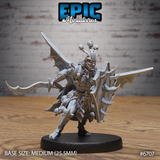 Unpainted grey resin Necro Orc miniature from Epic Miniatures — front view showing tusked orc warrior with bat wings, twin hooked blades, skull decorations across shoulders and legs, and angular dark armour on a 25.5mm round base