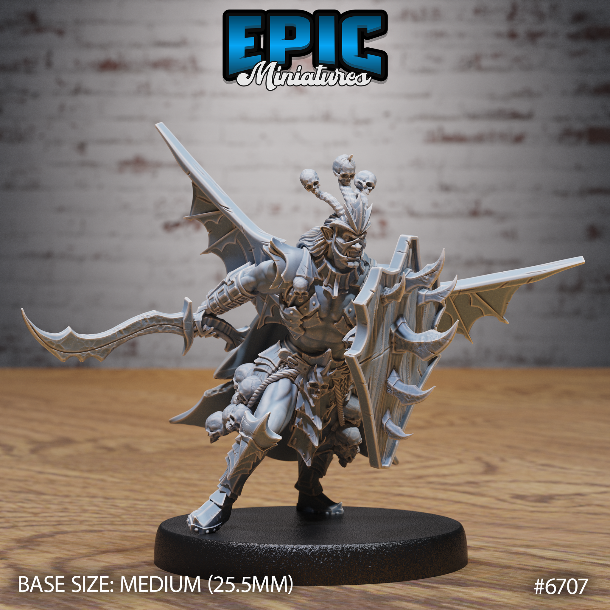 Unpainted grey resin Necro Orc miniature from Epic Miniatures — front view showing tusked orc warrior with bat wings, twin hooked blades, skull decorations across shoulders and legs, and angular dark armour on a 25.5mm round base