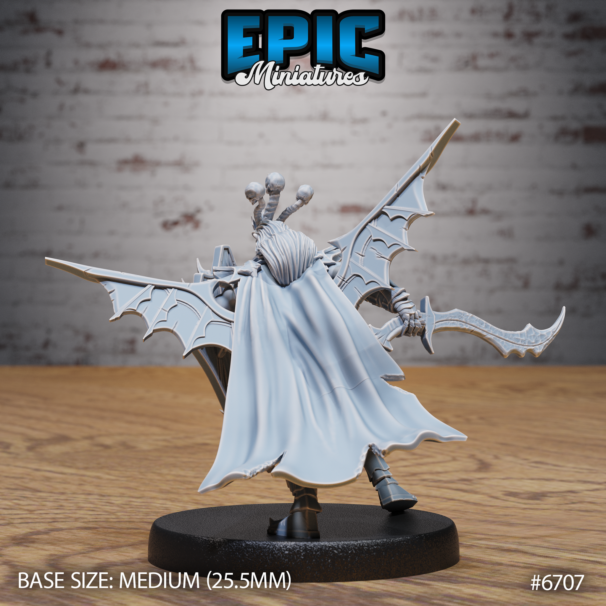 Unpainted grey resin Necro Orc miniature from Epic Miniatures — rear view showing flowing cloak, bat wings, bone-threaded tendrils rising from the back, and a hooked blade gripped in an armoured skeletal fist on a 25.5mm round base
