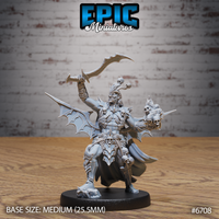 Front view of unpainted grey resin Necro Orc Warlord miniature by Epic Miniatures — armoured orc raising a curved scythe blade aloft, holding a cluster of skulls, with bat wings spread and skull-adorned armour, on a medium 25.5mm round base