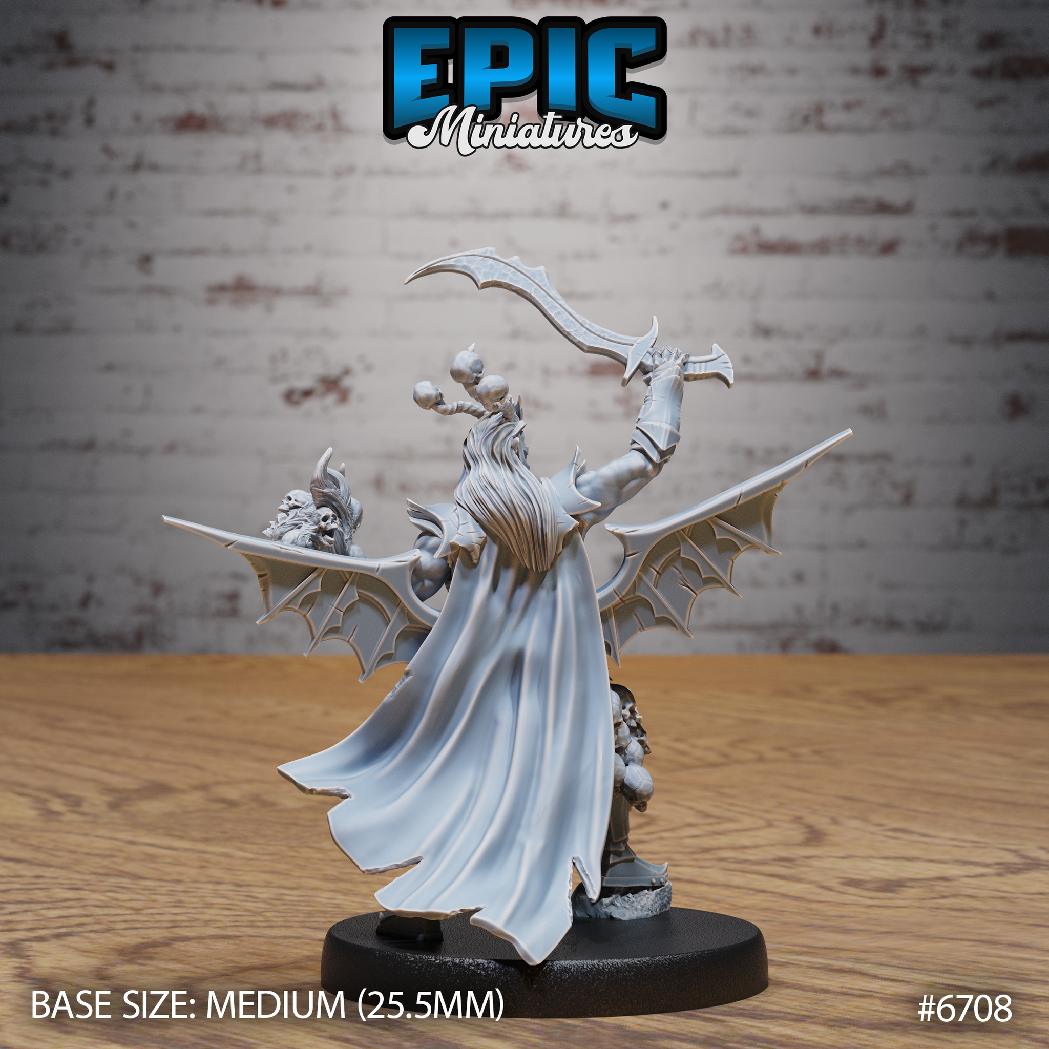 Rear view of unpainted grey resin Necro Orc Warlord miniature by Epic Miniatures — showing flowing cape, spread bat wings with detailed webbing, long hair, and skull-decorated back armour, on a medium 25.5mm round base