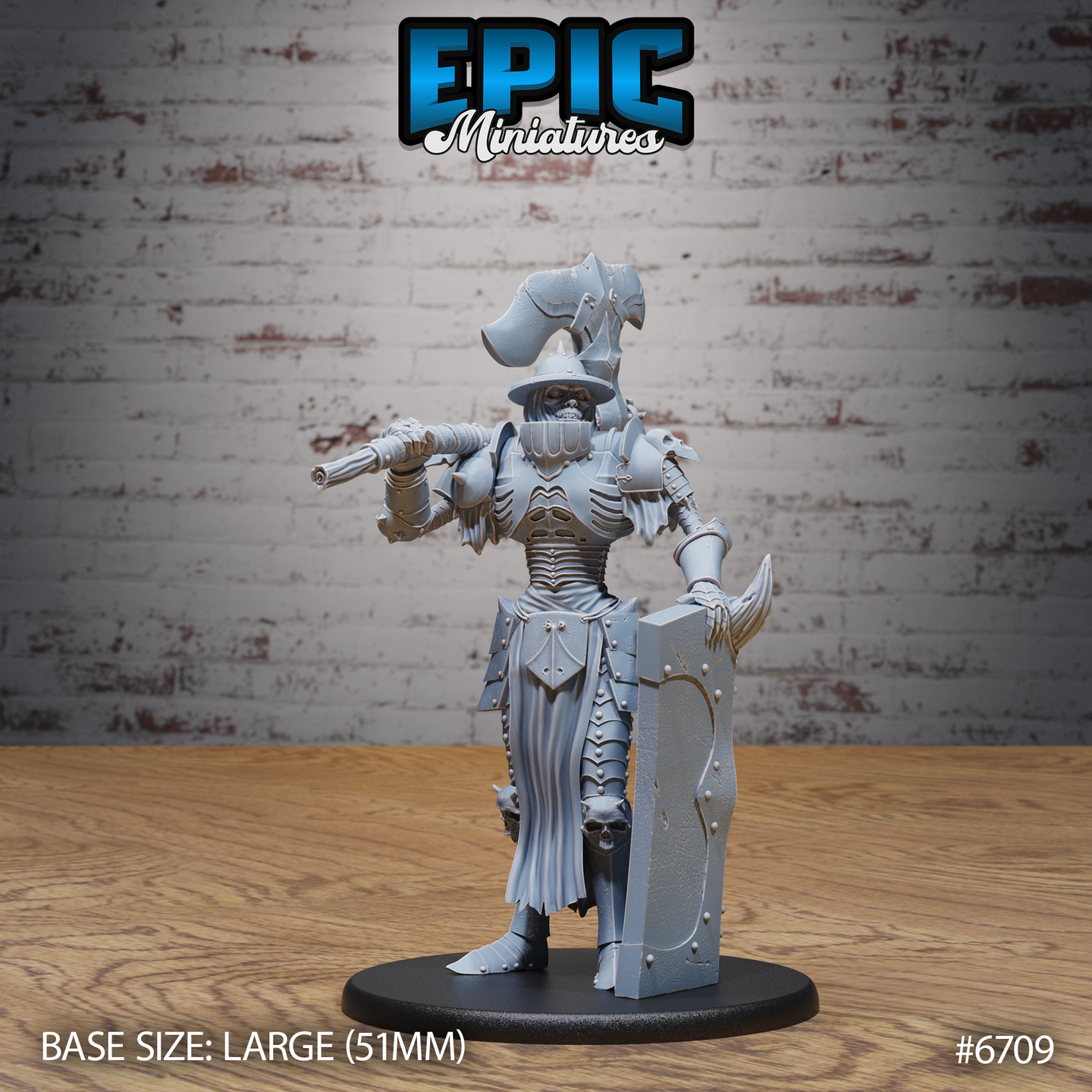 Front view of an unpainted grey resin Giant Skeleton miniature by Epic Miniatures — a large armoured skeleton in crested plate armour, raising a crossbow in one hand and resting against a tower shield with the other, mounted on a 51mm base with skulls at its feet