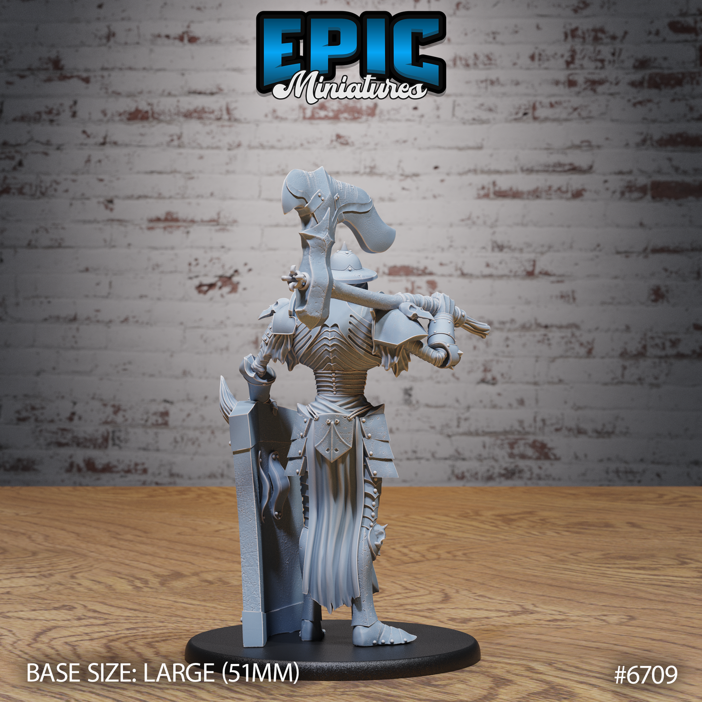 Rear three-quarter view of the unpainted Giant Skeleton miniature by Epic Miniatures, showing the detailed back plate armour, crossbow mechanism, armoured skirt, and crested helmet from behind, mounted on a large 51mm round base