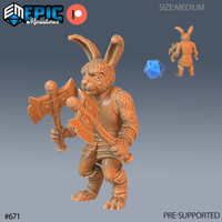 Digital render of an unpainted Bunny Brute miniature by Epic Miniatures — a muscular rabbitfolk warrior in banded leather armour, wielding a large double-headed axe, shown from front and rear with a d20 scale reference, 32mm heroic scale