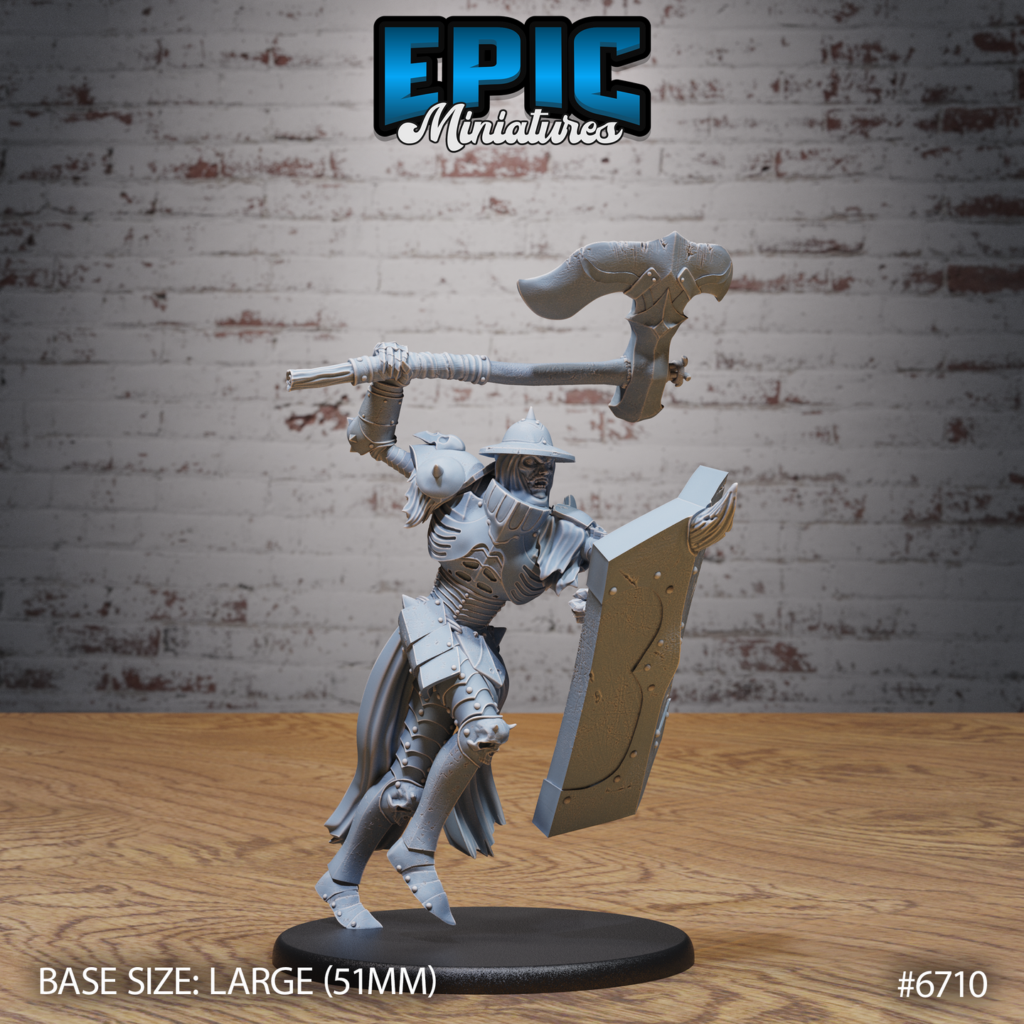 Unpainted grey resin Giant Skeleton miniature by Epic Miniatures, front view — armoured undead warrior in dynamic attack pose with oversized axe raised overhead and tower shield braced, wearing decayed plate armour with kettle helm, mounted on a large 51mm black oval base