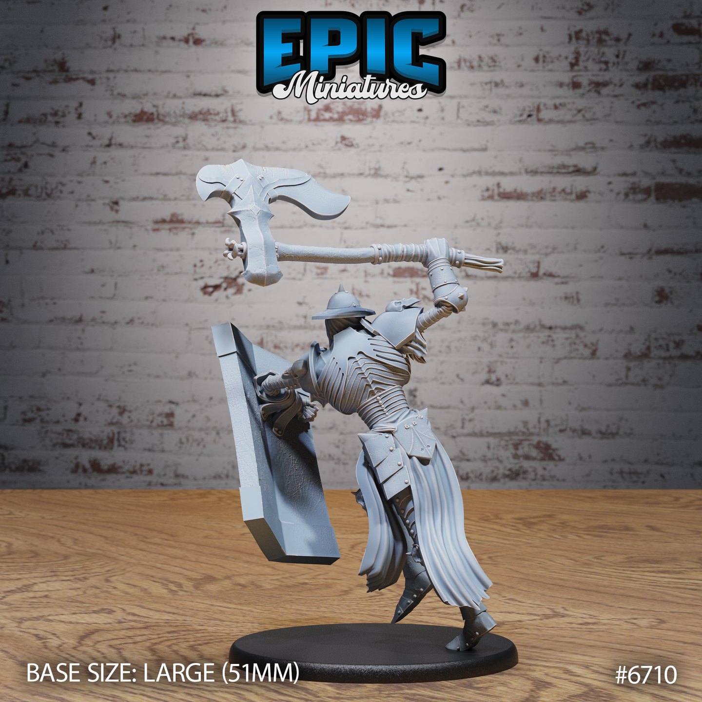 Unpainted grey resin Giant Skeleton miniature by Epic Miniatures, side/rear view — showing full armour detail including layered pauldrons, ribcage visible through breastplate gaps, trailing cloth, and the broad sweep of the raised axe, on a large 51mm black oval base