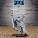 Unpainted grey resin Giant Skeleton miniature by Epic Miniatures, side/rear view — showing full armour detail including layered pauldrons, ribcage visible through breastplate gaps, trailing cloth, and the broad sweep of the raised axe, on a large 51mm black oval base