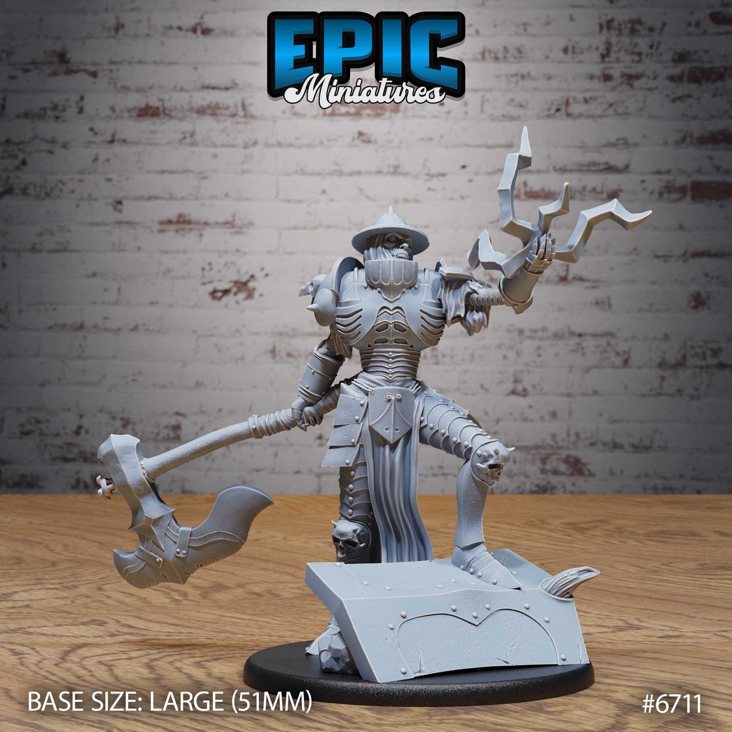Front view of an unpainted grey resin Giant Skeleton Mage miniature on a 51mm base — large armoured undead figure wielding a massive greataxe in one hand and crackling lightning energy in the other, wearing a conical helmet, detailed ribcage breastplate, and tattered cloth skirt, with a scenic broken stonework and skull base