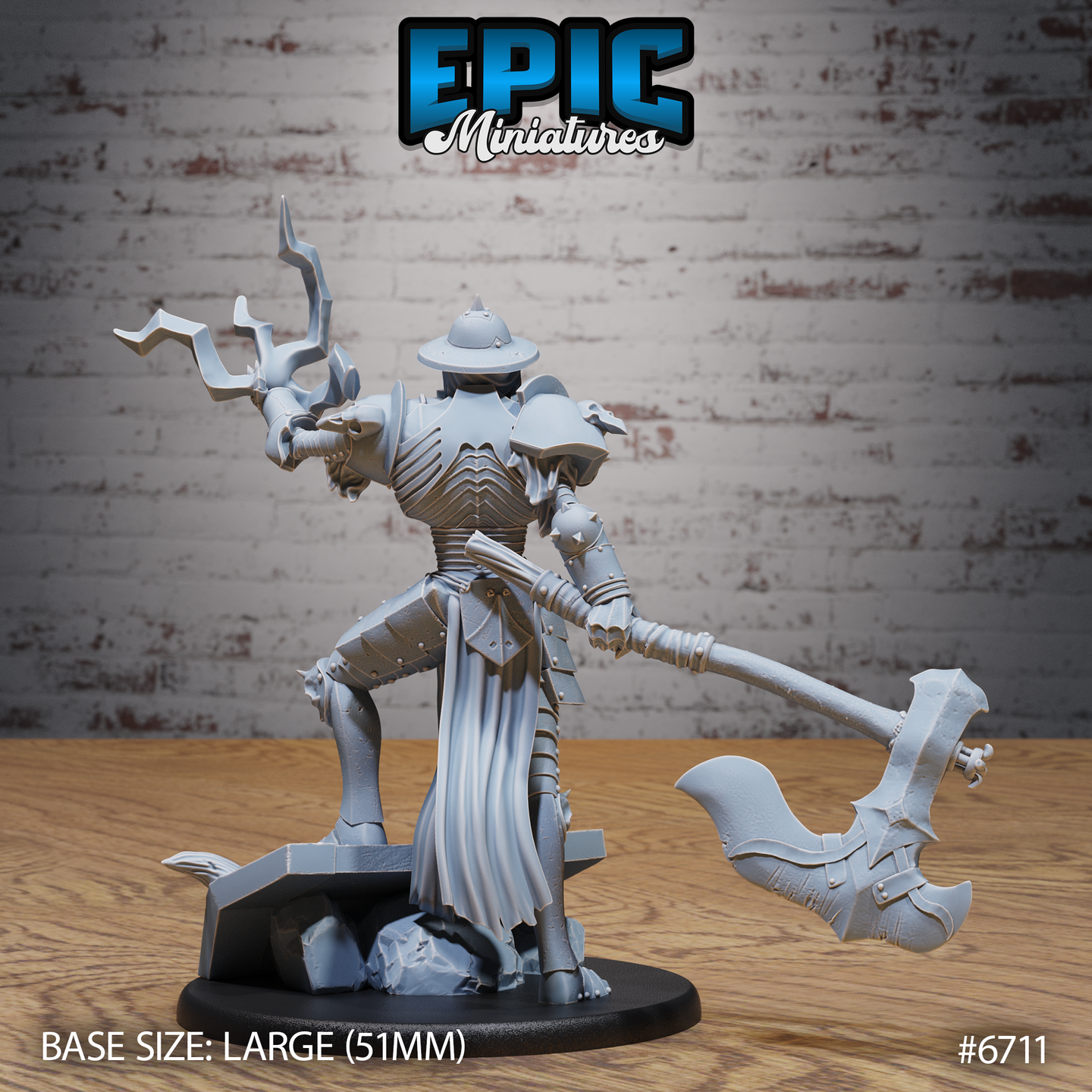 Rear view of the unpainted grey resin Giant Skeleton Mage miniature showing fully detailed back armour plating, segmented pauldrons, articulated greaves, and flowing cloth skirt, with the greataxe extended outward and lightning energy visible in the raised hand — 51mm scenic base with rocky debris