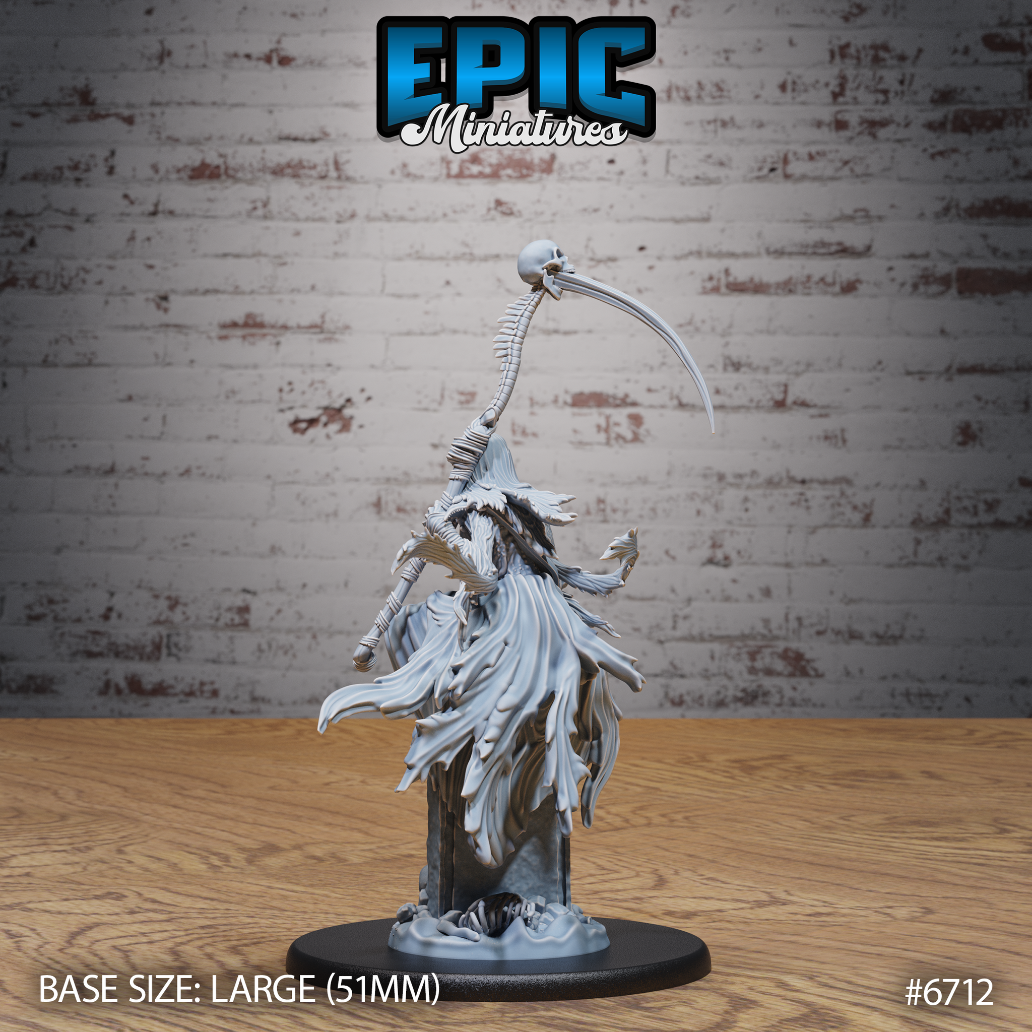 Rear view of the unpainted grey resin Wraith Mother miniature by Epic Miniatures — showing the towering spine-scythe arcing overhead, the hooded silhouette, layered ghostly robes, and skeletal arm detail, mounted on a large 51mm base with scattered bones