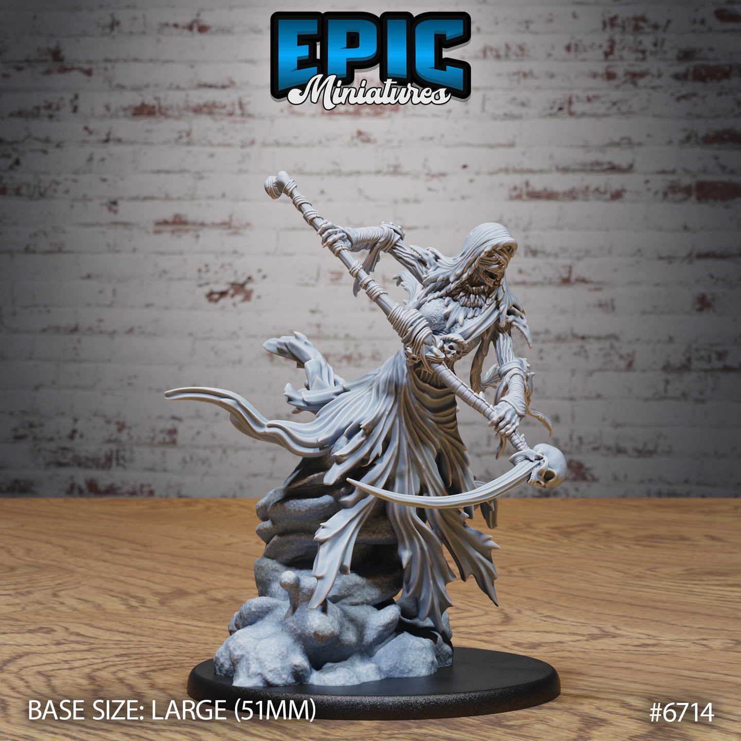 Front view of an unpainted grey resin Wraith Mother miniature — a skeletal undead figure in tattered robes, raising a gnarled staff aloft in one hand and wielding a long skull-tipped scythe in the other, mounted on a large 51mm rocky base