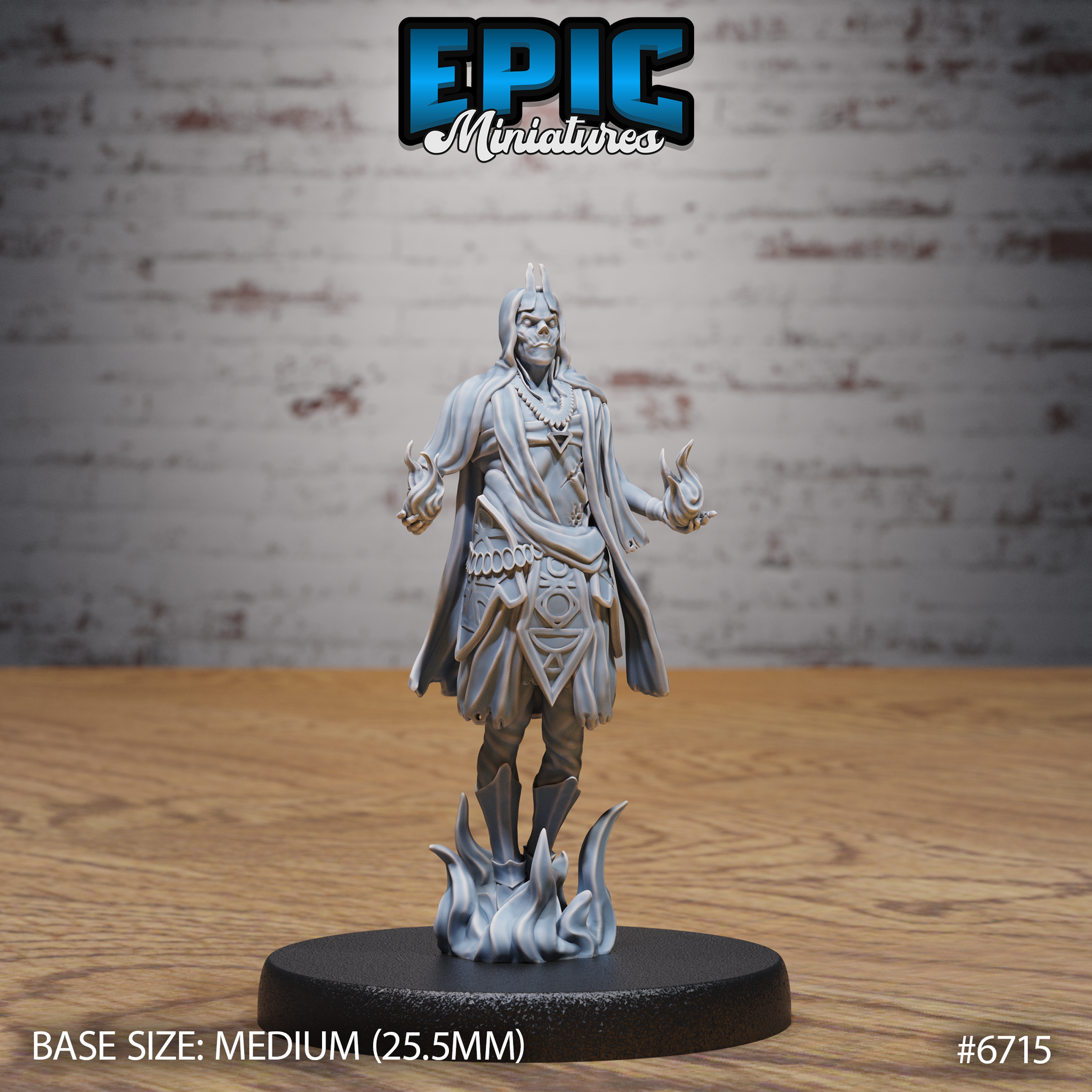 Front view of an unpainted grey resin Novice Lich miniature at 32mm scale — skeletal face with horned crest, layered robes over glyphed armour, arms raised with curled fingers, standing on a flame-tendril base with a medium 25.5mm black round base