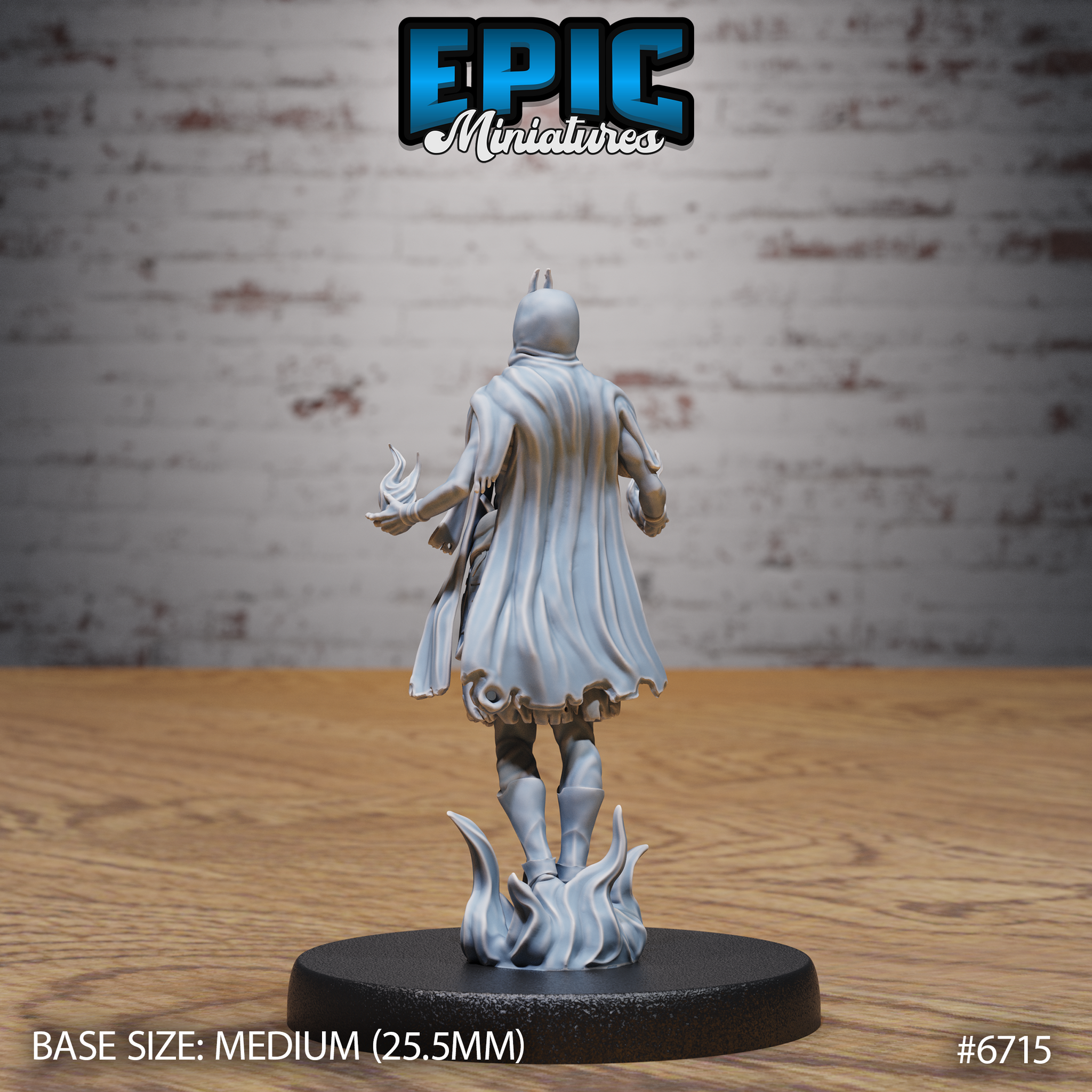 Rear view of the same unpainted grey resin Novice Lich miniature showing a billowing open coat with detailed hem and fabric folds, one hand raised with a small flame effect, small horned crest visible from behind, on a flame-tendril base