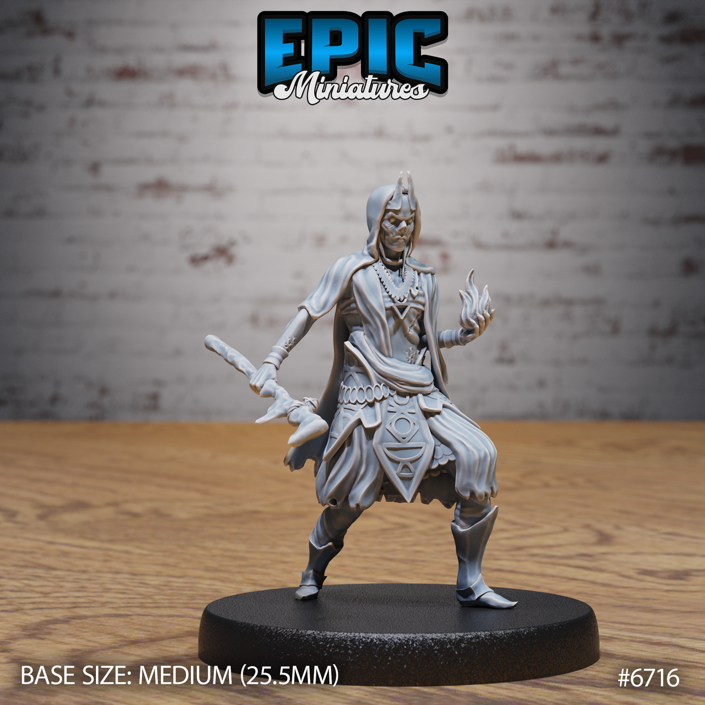 Front view of an unpainted grey resin 32mm Novice Lich miniature by Epic Miniatures — hooded skeletal spellcaster in layered occult robes, raising one hand wreathed in spectral flame while holding an ornate staff low in the other, mounted on a medium 25.5mm round base