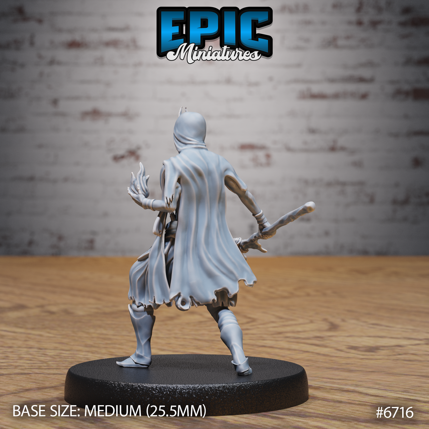 Rear view of the same unpainted grey resin Novice Lich miniature by Epic Miniatures — showing the dramatic drape of the flowing cloak, wide combat stance, armoured greaves, flame-wreathed hand, and ornate staff tip, on a medium 25.5mm round base