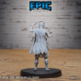 Rear view of the same unpainted novice lich miniature showing flowing tattered robes with detailed fabric folds, braided hair trailing behind the skull-like head, and both arms raised with magical energy tendrils, mounted on a medium 25.5mm black base