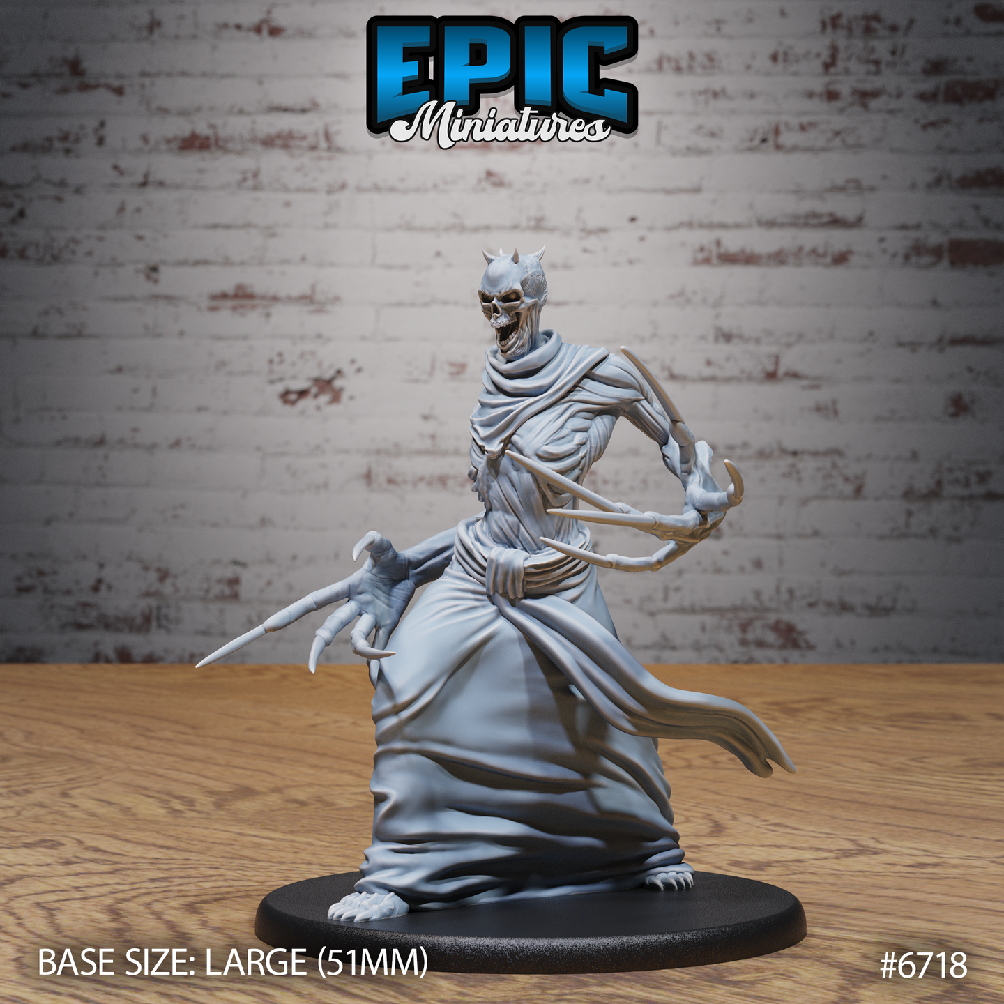 Unpainted grey resin Bone Claw miniature by Epic Miniatures — front view showing skeletal humanoid in tattered robes, snarling horned skull, elongated clawed hands mid-lunge, mounted on a large 51mm round base