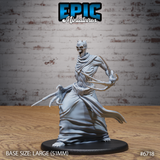 Unpainted grey resin Bone Claw miniature by Epic Miniatures — front view showing skeletal humanoid in tattered robes, snarling horned skull, elongated clawed hands mid-lunge, mounted on a large 51mm round base