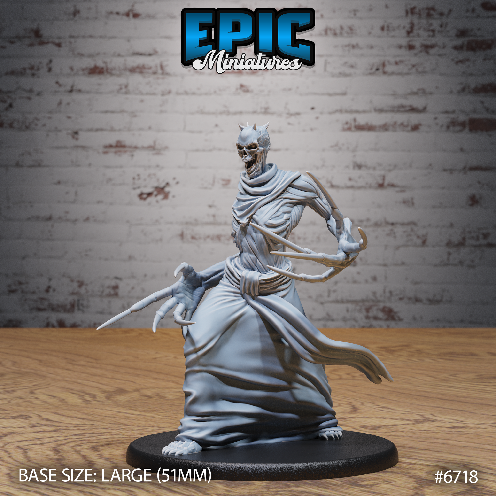 Unpainted grey resin Bone Claw miniature by Epic Miniatures — front view showing skeletal humanoid in tattered robes, snarling horned skull, elongated clawed hands mid-lunge, mounted on a large 51mm round base