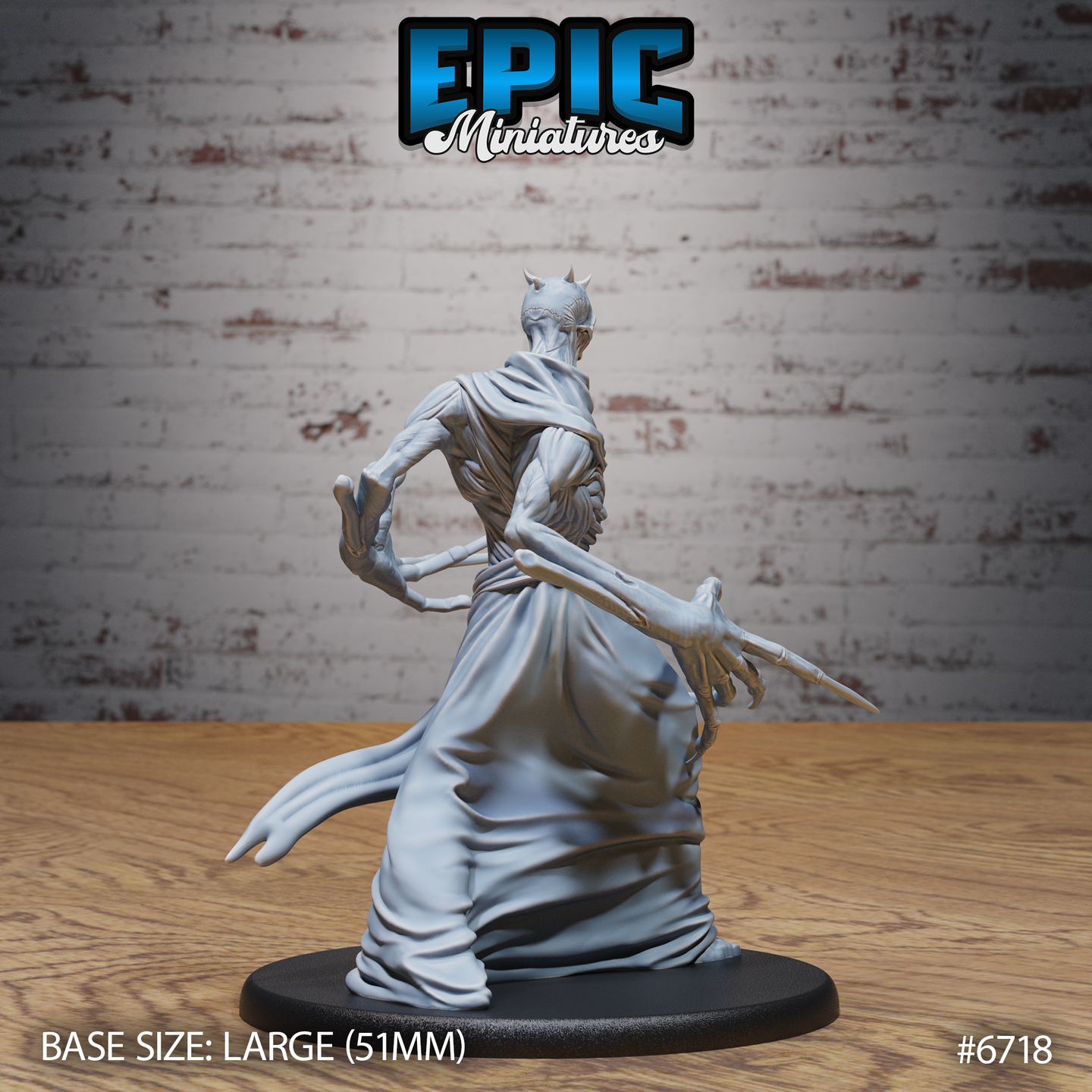 Unpainted grey resin Bone Claw miniature by Epic Miniatures — rear view showing flowing robes in motion, exposed spine, one clawed hand extending backward and one reaching forward, mounted on a large 51mm round base