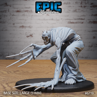 Unpainted grey resin Bone Claw Ambush miniature by Epic Miniatures — a horned skeletal demon crouched low on a large 51mm oval base, one clawed hand splayed forward with long razor fingers extended, viewed from the front-left angle