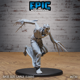 Front view of an unpainted grey resin Bone Claw Chase miniature by Epic Miniatures — a skeletal undead creature mid-lunge with elongated claw-tipped fingers outstretched, bony horns on its skull, tattered robes trailing, one leg raised, mounted on a large 51mm black base