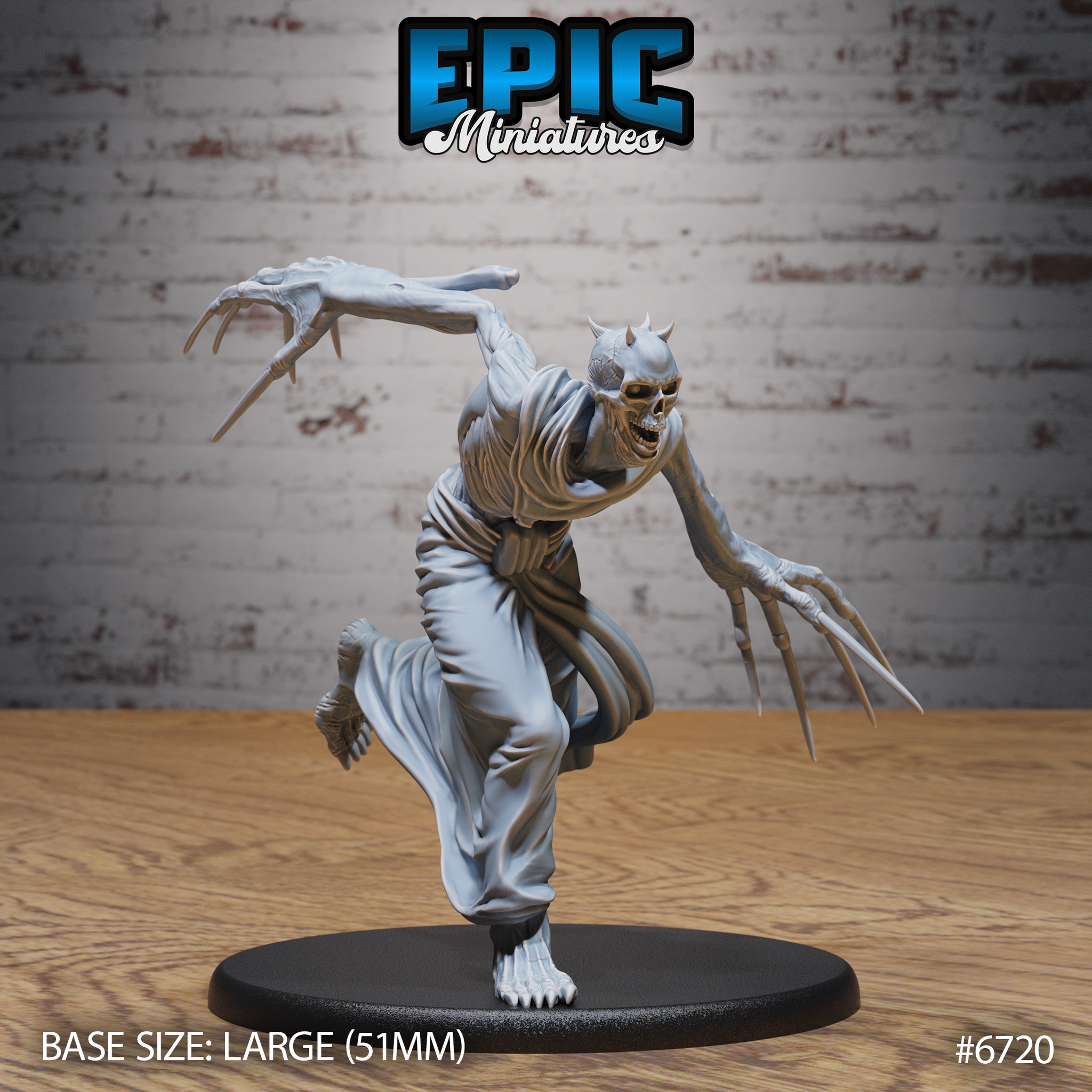 Front view of an unpainted grey resin Bone Claw Chase miniature by Epic Miniatures — a skeletal undead creature mid-lunge with elongated claw-tipped fingers outstretched, bony horns on its skull, tattered robes trailing, one leg raised, mounted on a large 51mm black base