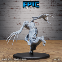 Rear three-quarter view of the unpainted grey resin Bone Claw Chase miniature by Epic Miniatures, showing the dramatic reach of the multi-jointed arms, the flowing robe fabric caught in motion, and skeletal feet barely touching the 51mm base