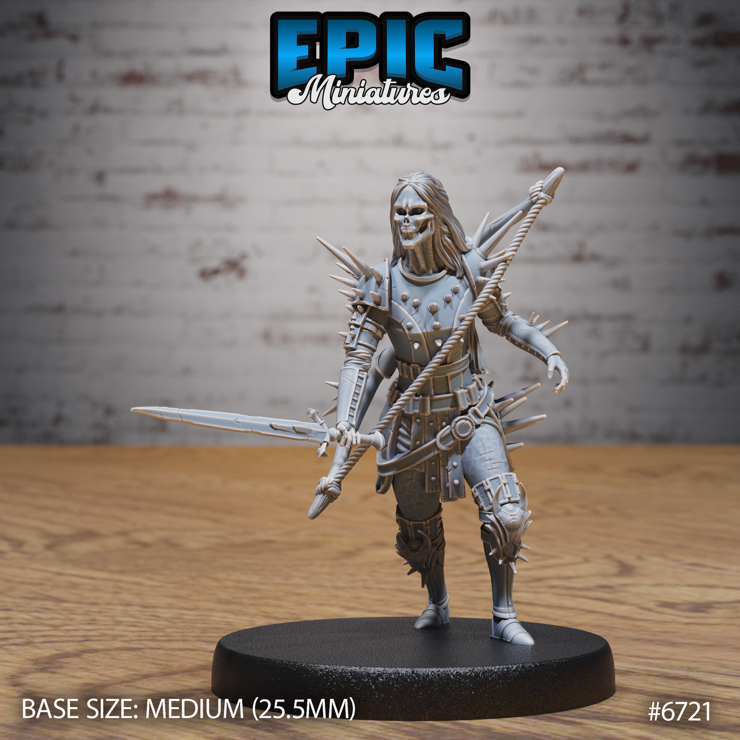 Front view of an unpainted grey resin Wight Warrior miniature by Epic Miniatures — a female undead soldier with a skull face, long flowing hair, spiked studded leather armour with rope bindings, holding a longsword at her side in a combat stance, on a 25.5mm round base