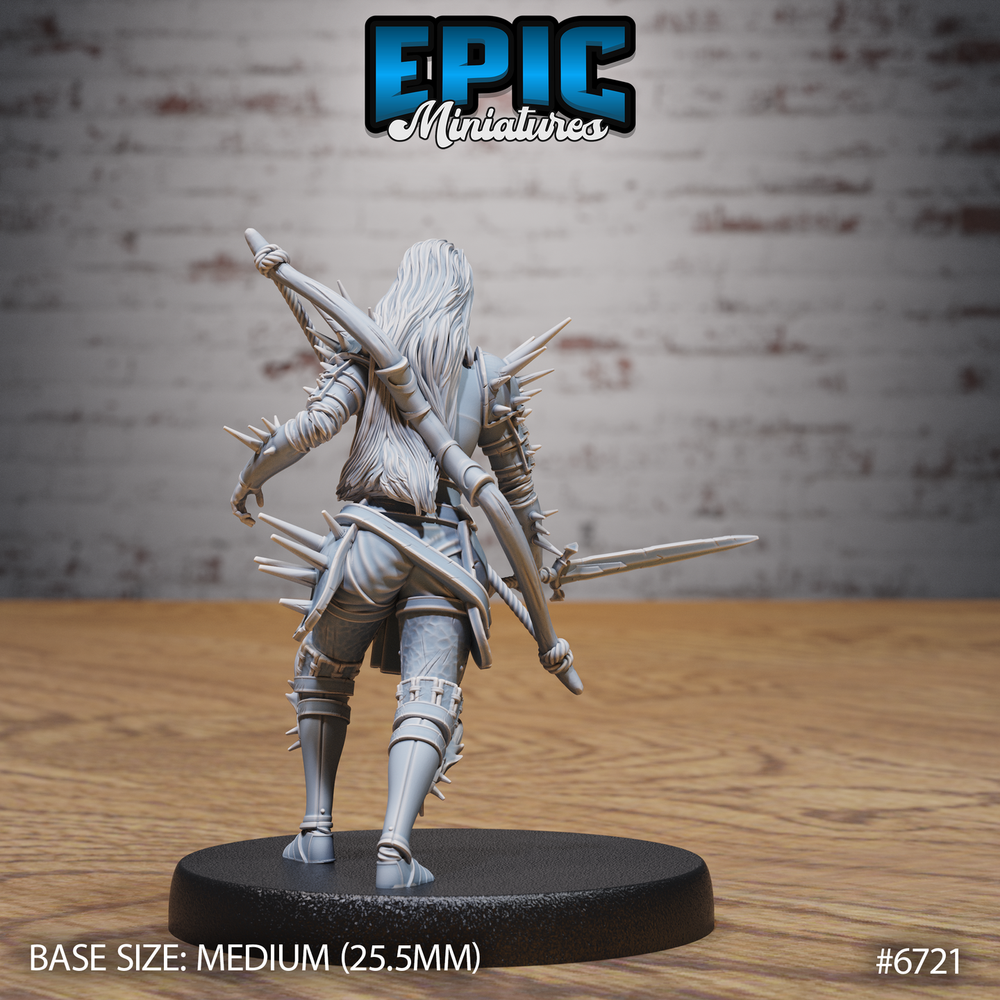 Rear view of the unpainted grey resin Wight Warrior miniature by Epic Miniatures — showing rope-wrapped scabbard, iron spikes projecting from shoulder and arm armour, long hair cascading down the back, and a second sword trailing in the left hand