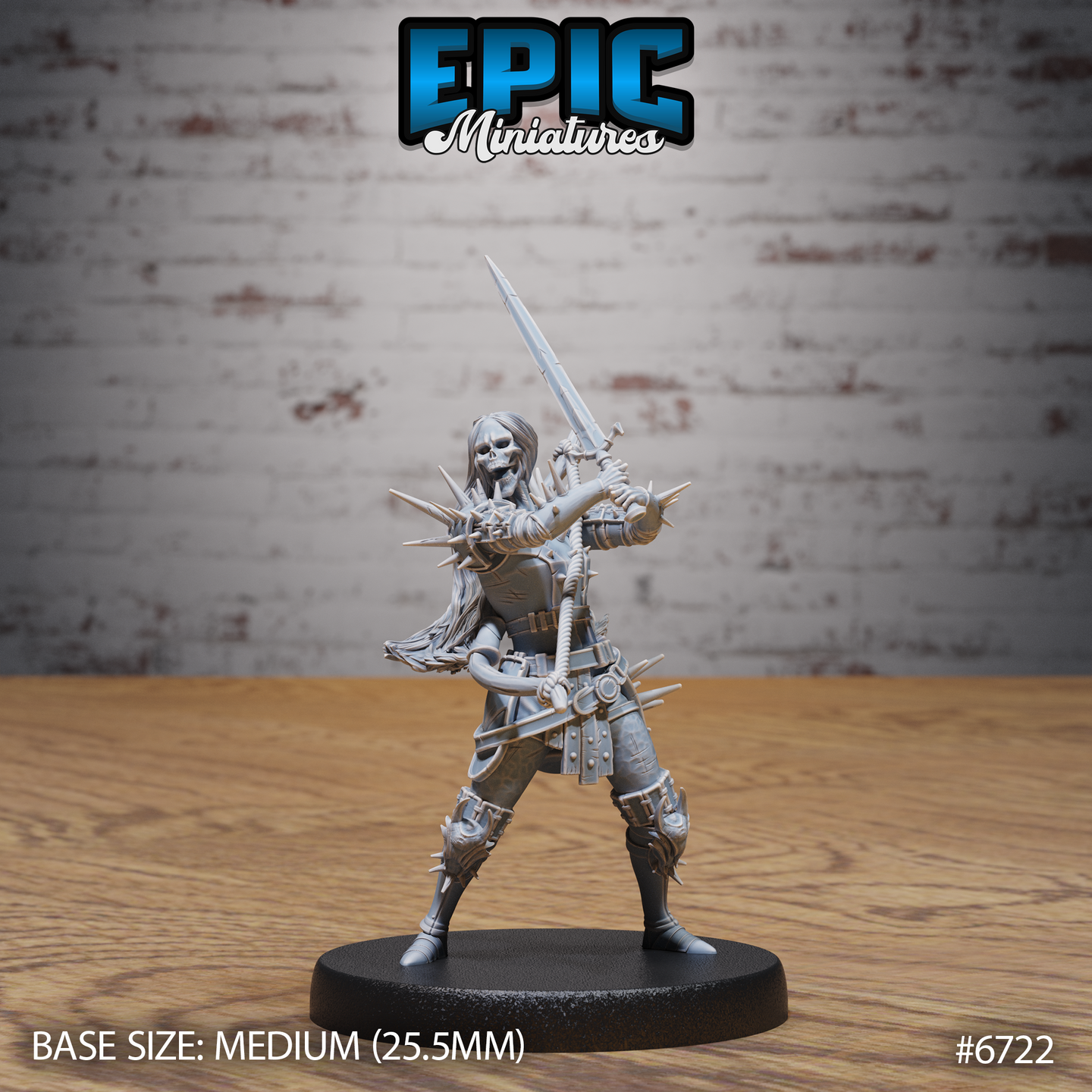 Front view of an unpainted grey resin Wight Warrior miniature by Epic Miniatures — skeletal face with long flowing hair, spiked leather and plate armour wrapped in knotted rope, longsword raised overhead in a two-handed attacking stance, mounted on a medium 25.5mm round black base