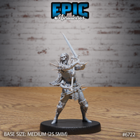 Front view of an unpainted grey resin Wight Warrior miniature by Epic Miniatures — skeletal face with long flowing hair, spiked leather and plate armour wrapped in knotted rope, longsword raised overhead in a two-handed attacking stance, mounted on a medium 25.5mm round black base