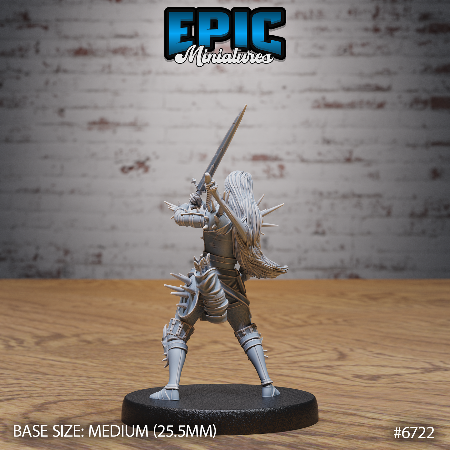 Rear view of the same unpainted grey resin Wight Warrior miniature — showing flowing long hair, spiked backplate armour, layered greaves, and the longsword raised high, mounted on a medium 25.5mm round black base