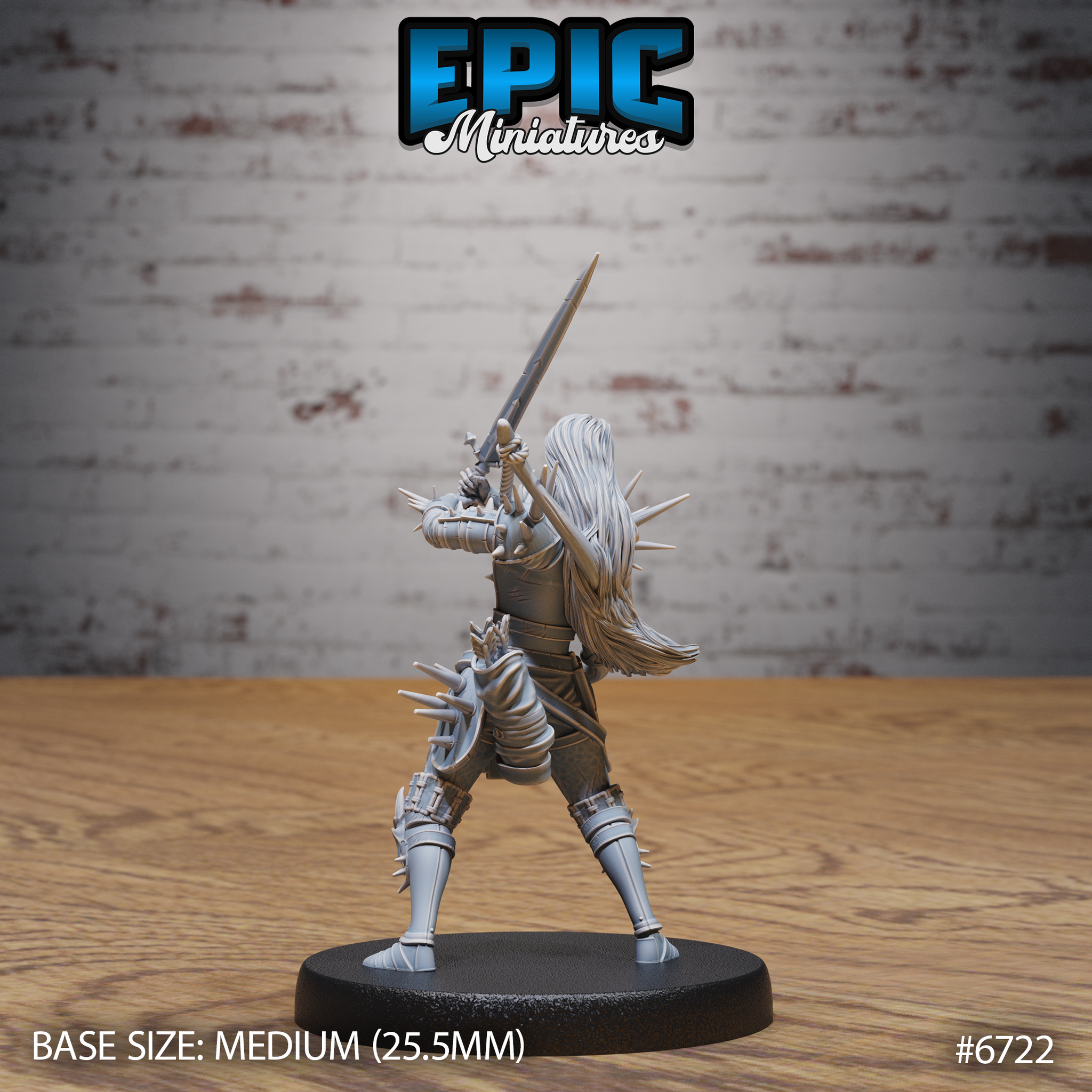 Rear view of the same unpainted grey resin Wight Warrior miniature — showing flowing long hair, spiked backplate armour, layered greaves, and the longsword raised high, mounted on a medium 25.5mm round black base