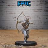Front view of an unpainted grey resin Wight Warrior Shooting miniature by Epic Miniatures — a gaunt skeletal undead archer in spiked plate and leather armour, longbow fully drawn with arrow levelled, one knee raised mid-stance, on a medium 25.5mm round black base