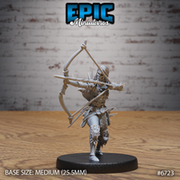 Front view of an unpainted grey resin Wight Warrior Shooting miniature by Epic Miniatures — a gaunt skeletal undead archer in spiked plate and leather armour, longbow fully drawn with arrow levelled, one knee raised mid-stance, on a medium 25.5mm round black base
