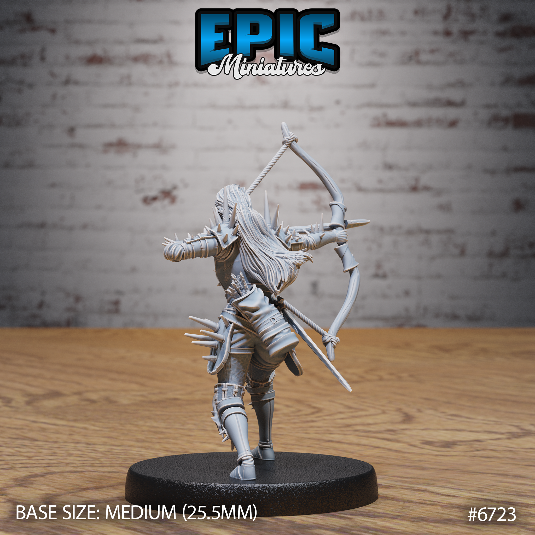 Rear view of the unpainted grey resin Wight Warrior Shooting miniature by Epic Miniatures — showing flowing hair, spiked back armour, quiver of arrows at the hip, and rope-wrapped bracers, longbow drawn with the arm extended, on a medium 25.5mm round black base