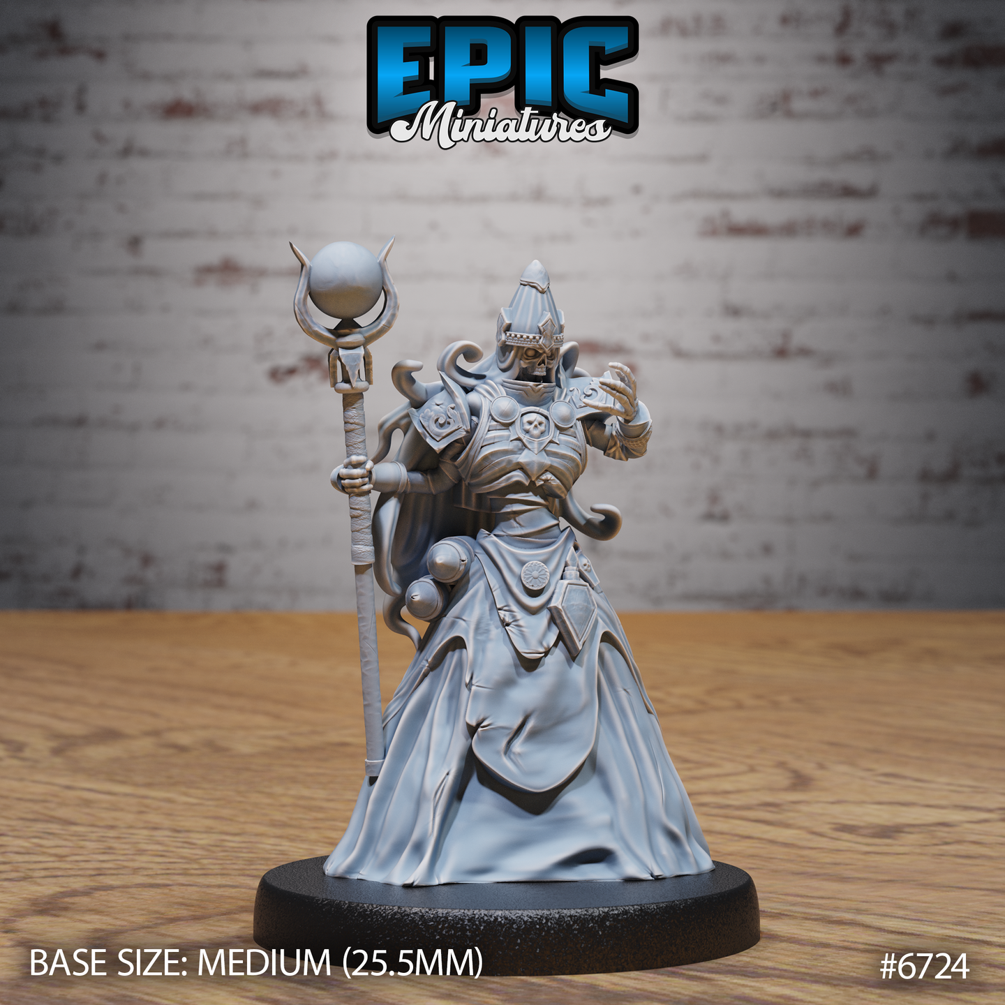 Front view of an unpainted grey resin Experienced Lich miniature by Epic Miniatures — skeletal figure in ornate armour and layered robes, wearing a tall horned crown, holding a skull-orb staff in one hand and raising the other in a spellcasting gesture, on a medium 25.5mm black round base