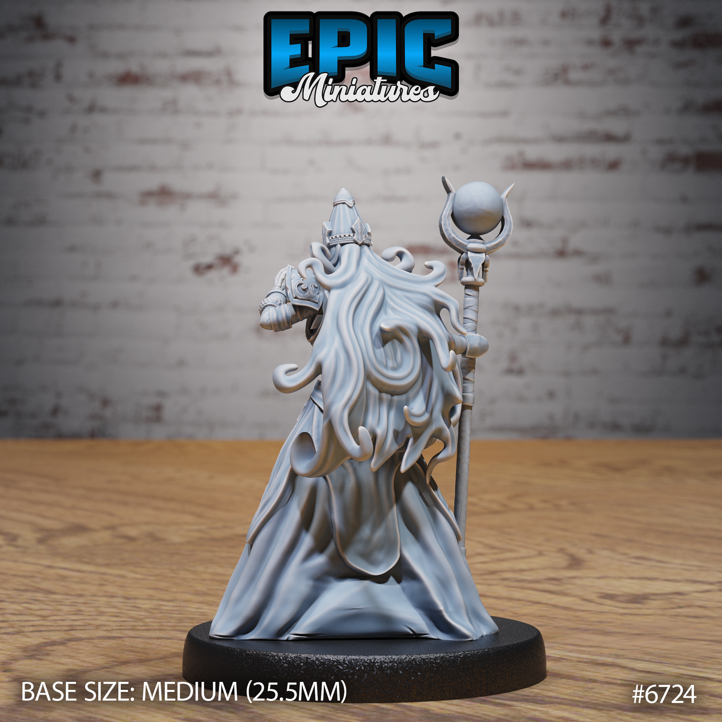 Rear view of the unpainted grey resin Experienced Lich miniature by Epic Miniatures — showing flowing ethereal tendrils cascading from beneath the horned crown down the back of the robes, with the skull-orb staff visible to the right, on a medium 25.5mm black round base