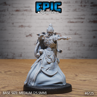 Unpainted grey resin miniature of an Experienced Lich by Epic Miniatures — front view showing skeletal face, tall ornate ceremonial crown, skull-embossed armour pauldrons, and voluminous robes, one arm extended mid-spellcast with grasping fingers, mounted on a medium 25.5mm base