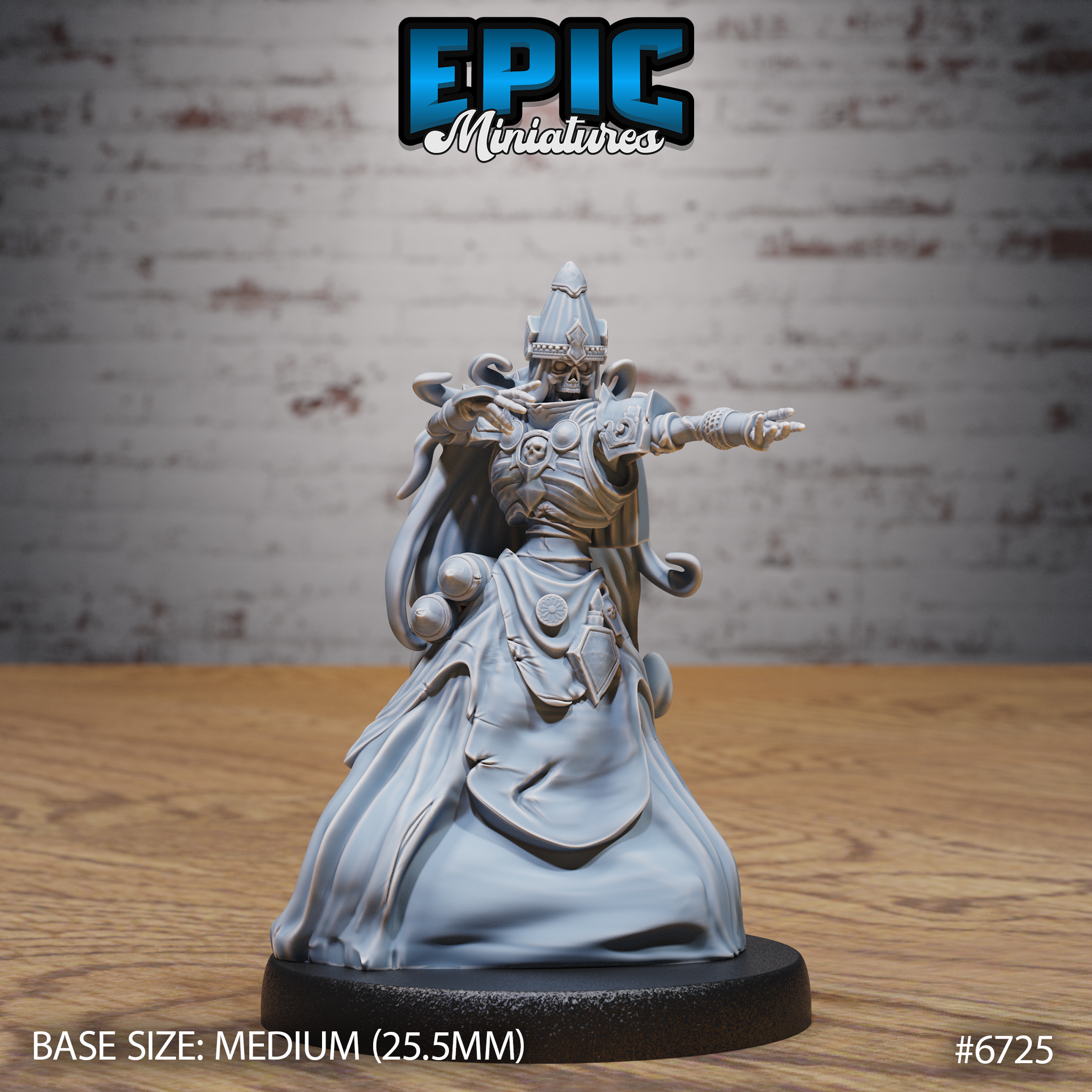 Unpainted grey resin miniature of an Experienced Lich by Epic Miniatures — front view showing skeletal face, tall ornate ceremonial crown, skull-embossed armour pauldrons, and voluminous robes, one arm extended mid-spellcast with grasping fingers, mounted on a medium 25.5mm base