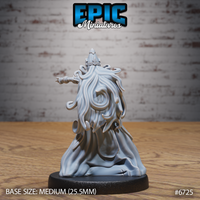 Unpainted grey resin miniature of an Experienced Lich by Epic Miniatures — rear view revealing long cascading tendrils of tattered spectral hair flowing down the back, sweeping cloak merging into the base, and one arm extended to the side, mounted on a medium 25.5mm base