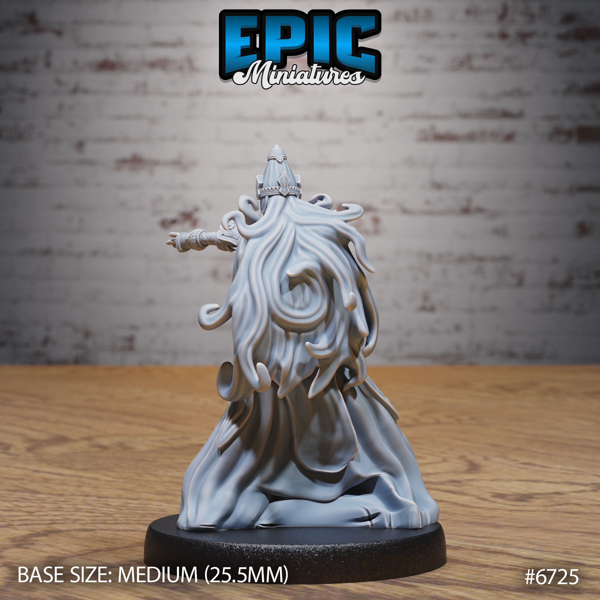 Unpainted grey resin miniature of an Experienced Lich by Epic Miniatures — rear view revealing long cascading tendrils of tattered spectral hair flowing down the back, sweeping cloak merging into the base, and one arm extended to the side, mounted on a medium 25.5mm base