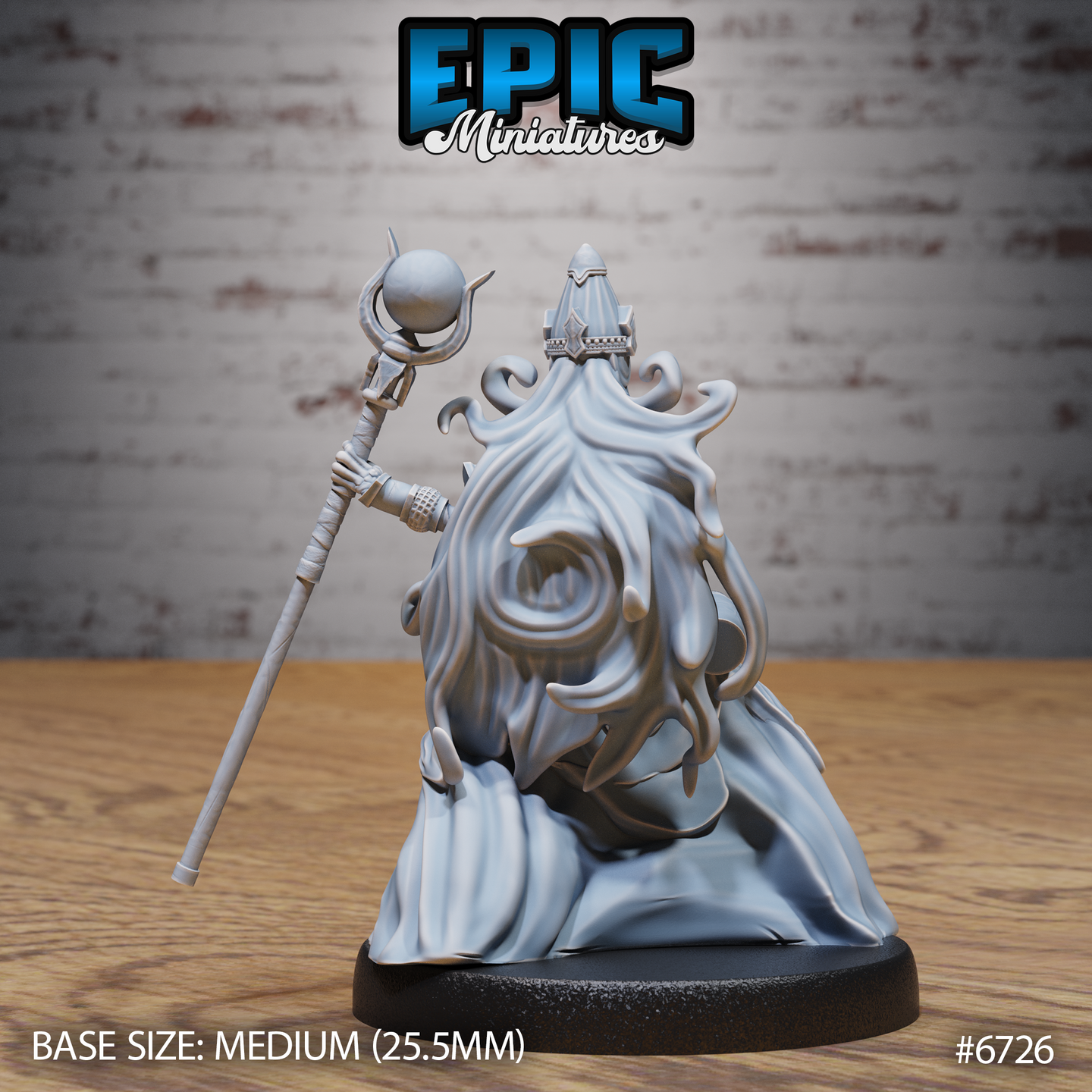 Rear view of the same unpainted grey resin lich miniature, showing cascading tentacle-like hair flowing down her back with a subtle eye motif worked into the mass. Her orb-topped staff is visible over her shoulder and the tall mitre helm rises above the hair. Mounted on a 25.5mm medium base. Epic Miniatures #6726.
