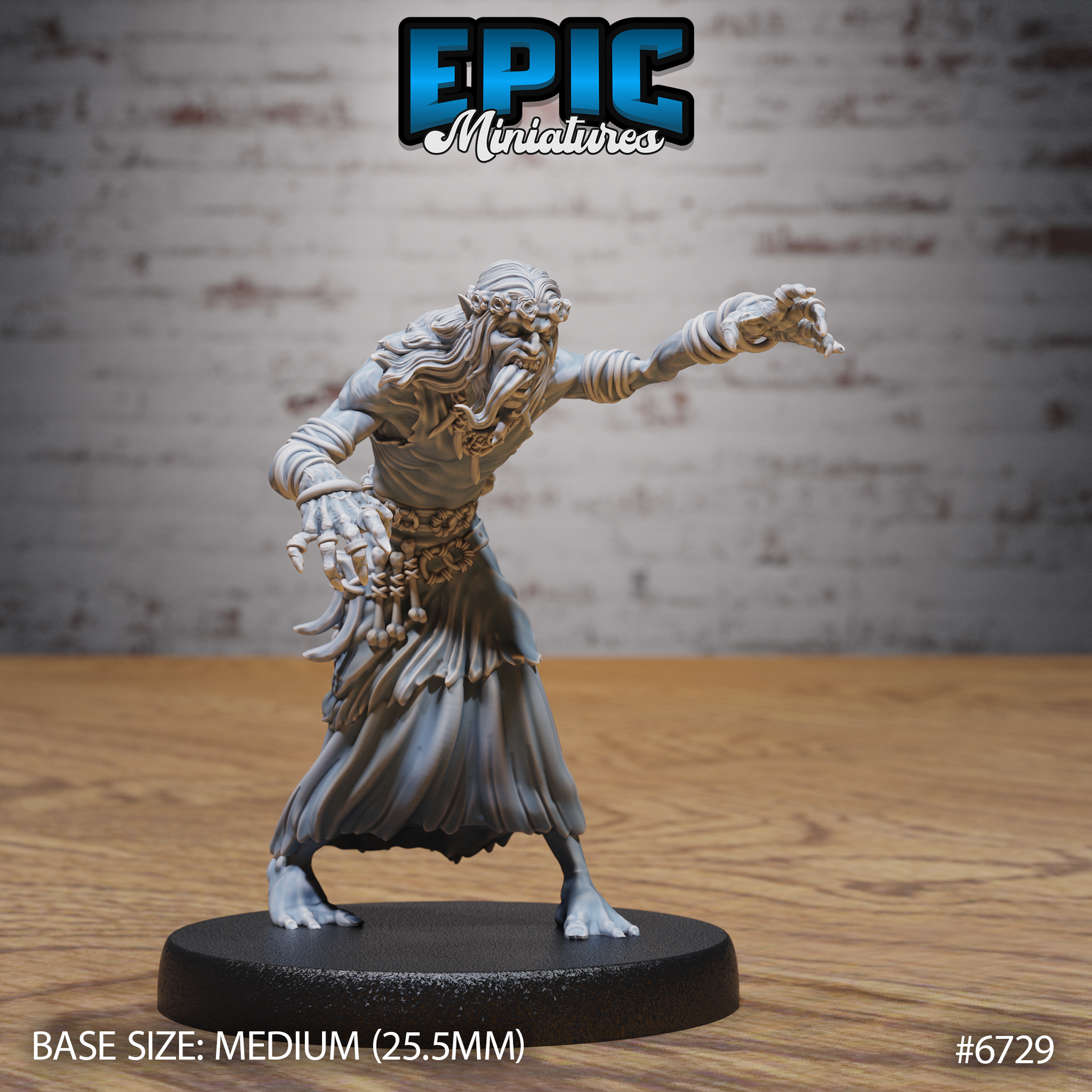 Unpainted grey resin miniature of a ghoul gravecaller, front view — gaunt figure mid-stride with one arm outstretched and clawed fingers splayed, wearing tattered robes with a belt of small bones and charms, wild hair, open mouth, and a crude circlet, on a 25.5mm round black base